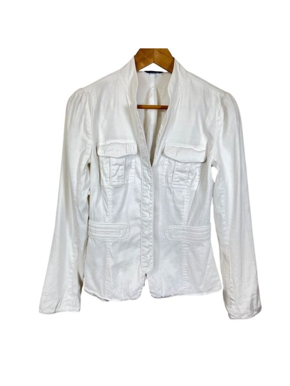 Fitted Linen Blend Safari Jacket Utility Blazer Sz XS Coastal Minimalist Resort - Picture 2 of 14